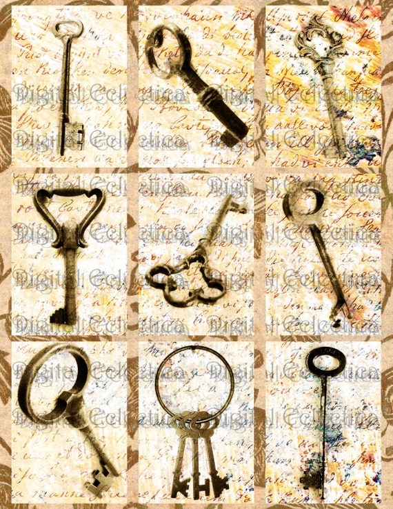 ATC. Vintage Keys. Key Images. Digital Collage Sheet. ACEO Greeting Card. 2.5x3.5 inch. High Resolution 300 DPI. Number 0054.