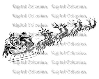 Reindeer and Santa's Sleigh. Christmas PNG. Reindeer PNG. Transparent Christmas. Transparent Santa. Santa PNG. One Horse Sleigh. No. 0136