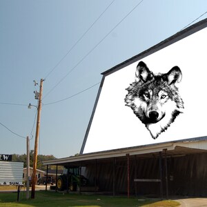 May include: A drive-in movie theater with a large billboard featuring a black and white image of a wolf's head. The sign on the building reads "Mt. View CLOSED OPEN FRI, SAT, & SUN."