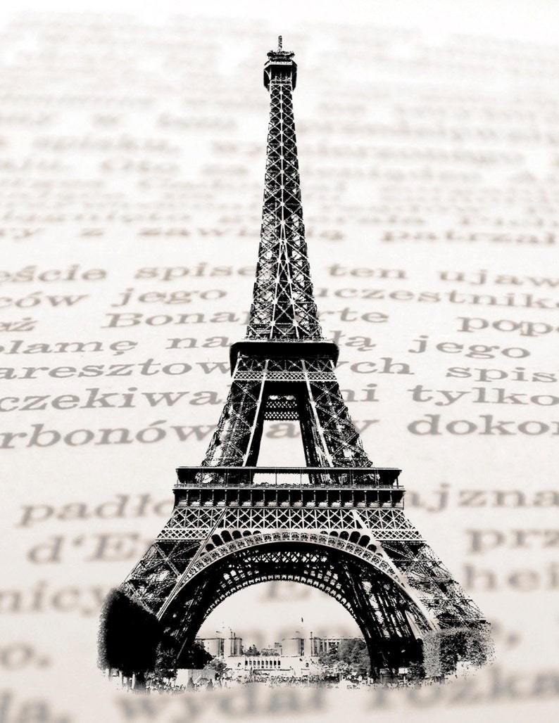 May include: A black and white illustration of the Eiffel Tower, a famous landmark in Paris, France. The tower is depicted against a blurred background of text.