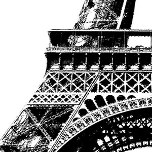 May include: Black and white image of the Eiffel Tower in Paris, France. The image is a close-up of the top portion of the tower, showing the intricate metal framework.
