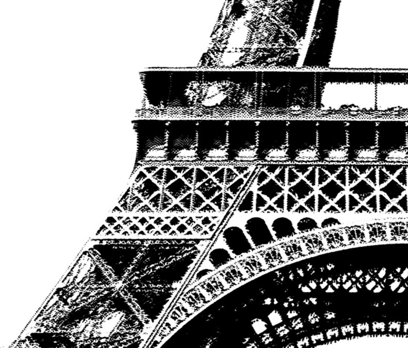 May include: Black and white image of the Eiffel Tower in Paris, France. The image is a close-up of the top portion of the tower, showing the intricate metal framework.