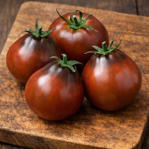 May include: Four dark red tomatoes with green stems are arranged on a wooden cutting board. The tomatoes have a deep, rich color, with a slightly darker hue around the top. The cutting board has a rustic, worn appearance.