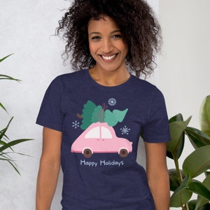 Happy Holidays t shirt, cute VW bug carrying a tree tee, Christmas tee, presents, holiday, winter, Unisex t-shirt