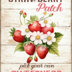 Vintage Grunge Wood Background Country Farmhouse, Farmers Market, Fresh Strawberries, Fruit, Summer, Art Sign & Print Digital Download