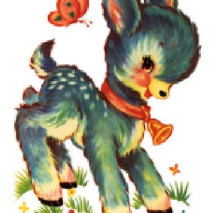 May include: A vintage illustration of a deer with a bell around its neck and a butterfly. The deer is blue and green with a red scarf and bell. The butterfly is orange and red. The deer is standing in a field of grass and flowers.