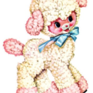 May include: A white fluffy lamb toy with pink accents and a blue ribbon around its neck. The lamb has a sweet expression and is perfect for a child's toy collection.