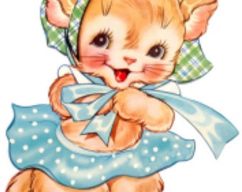 Vintage Image Retro Shabby Retro Girl Kitten Wearing Bonnet Digital Download — Printable Ephemera