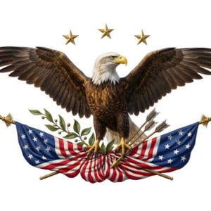 May include: A detailed illustration of a bald eagle with outstretched wings, perched above a draped American flag. Three gold stars are above the eagle. The eagle is brown and white with a yellow beak.