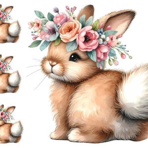 Watercolor Adorable Bunny Rabbit With Shabby Flowers on Head