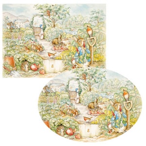 May include: A colourful illustration of a garden scene with a rabbit wearing a blue jacket and holding a spade. There are other rabbits and birds in the scene, as well as flowers and plants.