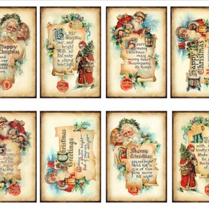 8 Vintage Grunge Vintage Victorian Santa Christmas Greetings ATC ACEO / Digital Collage Sheet Tags Images—Printable Ephemera