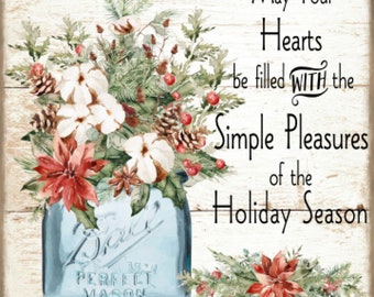 Vintage Grunge Background Merry Christmas Floral Poinsettias, Cotton, Ball Mason Jar, Farmhouse, Country Art Sign and Print Digital Download