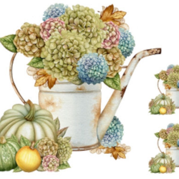 Watercolor Fall Hydrangeas Pumpkins In Vintage Rustic Watering Can Waterslide Decal FL567