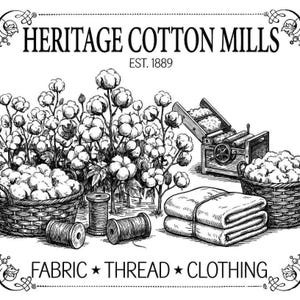 May include: Black and white illustration of a cotton mill scene. The image features cotton plants, baskets of cotton, spools of thread, folded fabric, and a cotton gin. Text reads "HERITAGE COTTON MILLS EST. 1889" and "FABRIC * THREAD * CLOTHING."
