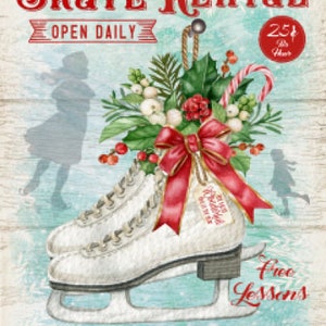 Vintage Grunge Wood Background Christmas Floral, Winter, Ice Skates, Skate Rental, Art Sign, Home Decor and Print, Digital Download