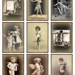9 Vintage Grunge Victorian Valentine Photo Cupids Cherubs ATC ACEO / Children Digital Collage Sheet Tags Images—Printable Ephemera