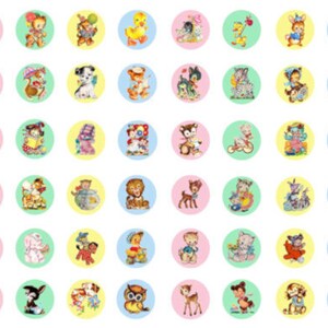 48 Vintage Animals 1 Inch Diameter Circle Round / Retro Animals Digital Collage Sheet Tags Images—Printable Ephemera