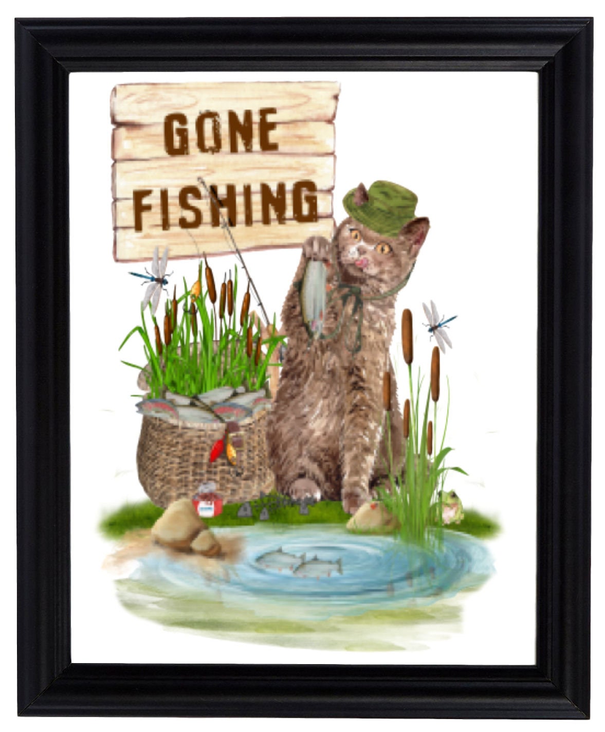 vintage cat × fish × flower sweat Vintage Image Grunge Gone Fishing Cat Fish Basket Cattails