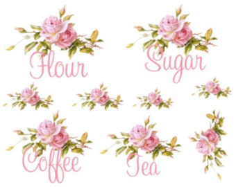 May include: A collection of pink rose floral arrangements with green leaves and the words "Flour", "Sugar", "Coffee", and "Tea" in a delicate script. The image features several arrangements of varying sizes.