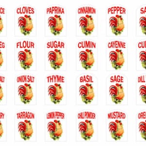 May include: A set of 18 spice jar labels featuring a rooster illustration and red text. The labels include common spices and herbs such as allspice, cloves, paprika, cinnamon, pepper, salt, nutmeg, flour, sugar, cumin, cayenne, curry, garlic salt, onion salt, thyme, basil, sage, dill weed, rosemary, tarragon, lemon pepper, chili powder, mustard, and oregano.
