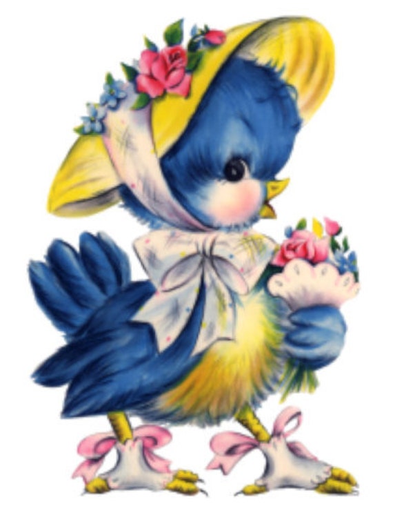 Vintage Shabby Retro Lady Bluebird Wearing Floral Bonnet Furniture