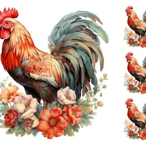 May include: A watercolor illustration of a rooster with a red comb and wattle, standing in a field of flowers. The rooster has a blue-green tail and brown and orange feathers. The flowers are red, pink, and white.