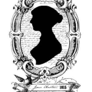 May include: Black and white silhouette of a woman's profile in an ornate oval frame with the text "Jane Austen 1815" below.