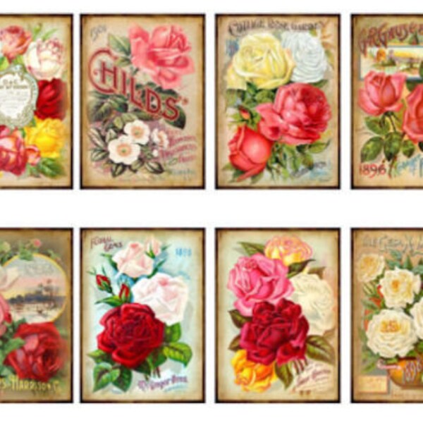 8 Vintage Grunge Victorian Vintage Roses Seed Catalog Collage ATC ACEO / Vintage Roses Digital Collage Sheet Tags Images—Printable Ephemera