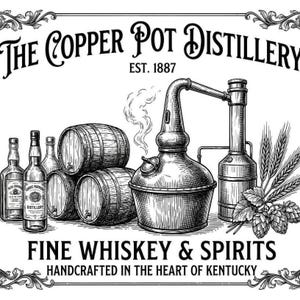 May include: Black and white illustration of a distillery scene. The image features whiskey barrels, bottles, a copper pot still, and text that reads "The Copper Pot Distillery, Est. 1887" and "Fine Whiskey & Spirits, Handcrafted in the Heart of Kentucky."