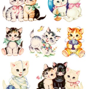 Vintage Image Shabby Nursery Seven Kittens Cats Transfers Waterslide Decals AN709