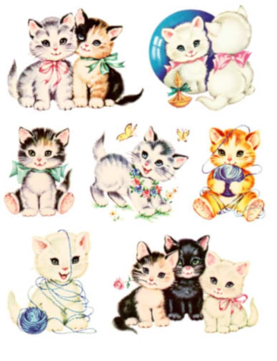Vintage Image Shabby Nursery Seven Kittens Cats Transfers