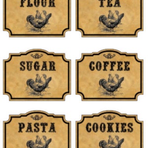 May include: Six vintage-style labels featuring a rooster illustration and text. The labels read "Flour", "Tea", "Sugar", "Coffee", "Pasta", and "Cookies".