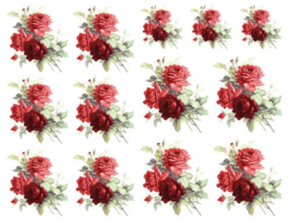 Vintage Image Victorian Shabby Red Cabbage Roses Furniture Transfer Decals FL499