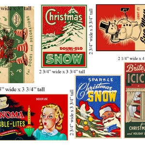 May include: A collection of vintage Christmas-themed labels. The labels feature festive designs, including a snowman, Santa Claus, Christmas trees, and the text "Christmas Snow" and "Bubble-Lites". The labels are various sizes, with the largest being 5 inches wide and 3.75 inches tall.