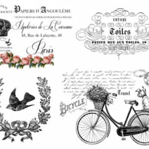 May include: A black and white collage featuring vintage French ephemera. Elements include a crown, floral arrangements, a bird, and a bicycle with a dog. Text includes "Paris", "Toiles", and "Bicycle".