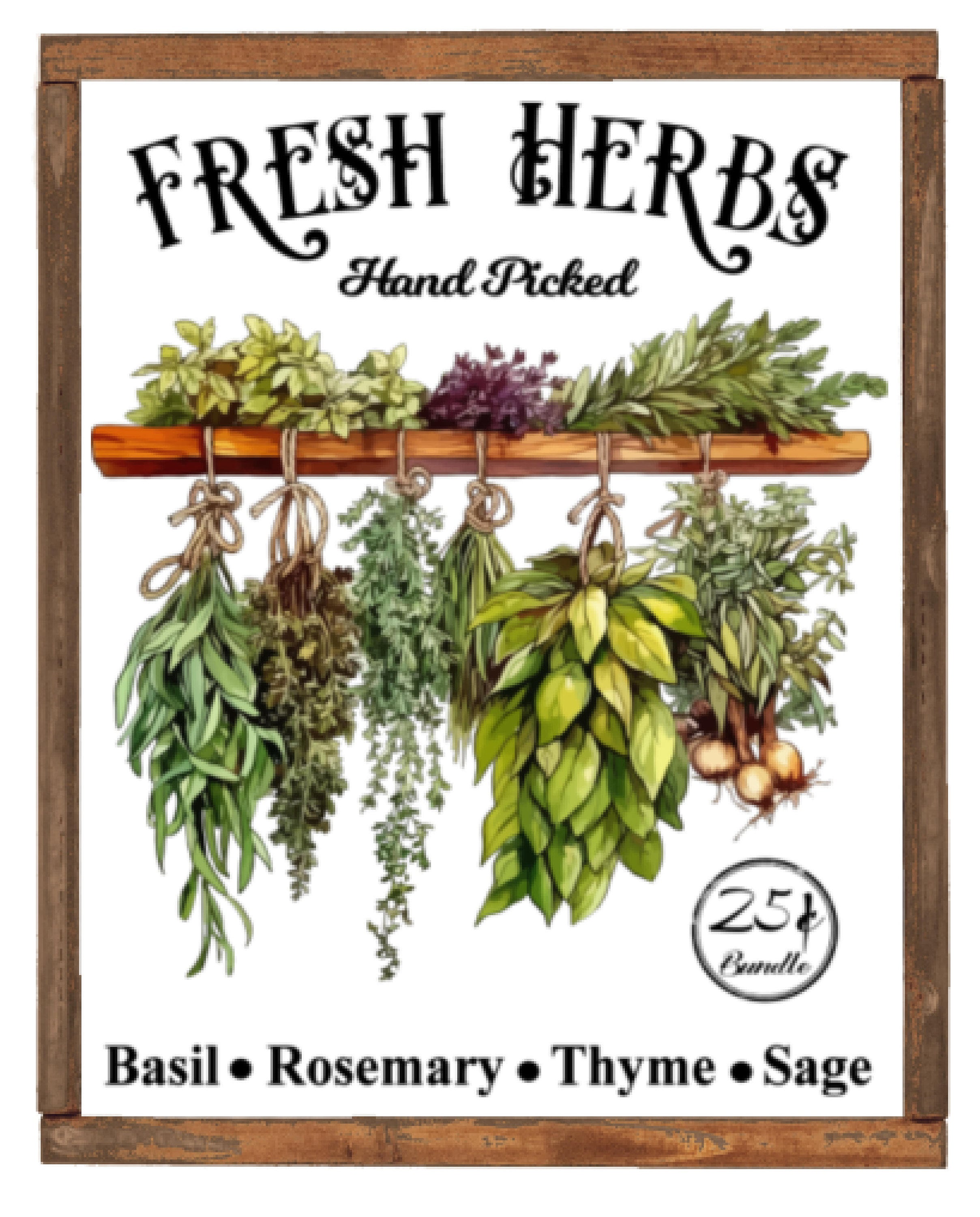 Grunge Wood Background Fresh Herbs, Gardening, Country Herb Art