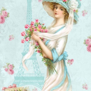 May include: A woman in a light blue hat and white dress holds a bouquet of pink and white flowers in front of the Eiffel Tower. The background is a light blue with a floral pattern.