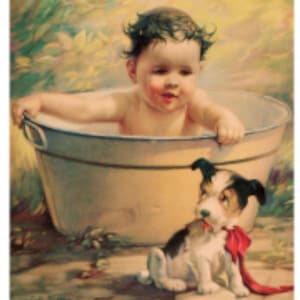 May include: A young child enjoys a bath in a white porcelain tub, with a small black and white dog sitting on the floor beside it. The dog has a red ribbon around its neck.