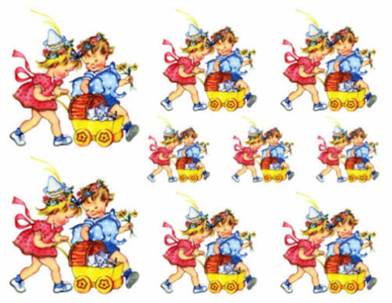 Vintage Image Retro Boy And Girl Baby Carriage Kitten Transfers Waterslide Decals KID422