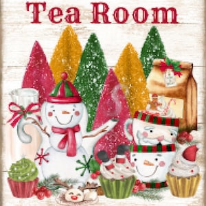 Puede incluir: Una ilustración de acuarela de una sala de té con temática navideña con un muñeco de nieve, tazas de té y cupcakes. El letrero dice "Mrs. Claus Tea Room" y el texto en la parte inferior dice "Tea Cakes * Scones * Chompets".