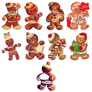 Könnte beinhalten: Neun Lebkuchen-Figuren-Anhänger mit verschiedenen weihnachtlichen Verzierungen, darunter Zuckerstangen, Sterne und ein Weihnachtsbaum. Die Anhänger sind in leuchtenden Farben bemalt und haben einen verspielten, Vintage-Stil.
