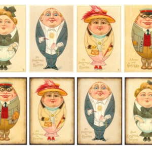 May include: Set of eight vintage Easter cards featuring cartoon illustrations of people with large heads and bodies shaped like eggs. Each card has a different design and features a different person wearing a hat or other accessory. The cards are printed on thick paper and have a glossy finish.