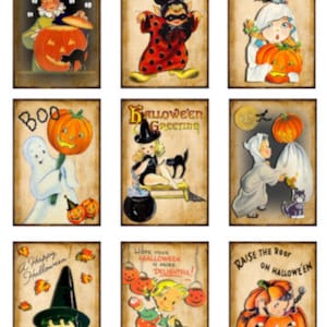May include: Nine vintage-style Halloween art prints. Each features a different illustration with a spooky theme, including pumpkins, ghosts, witches, and goblins. The prints have a distressed, aged appearance with text like "BOO" and "Halloween Greeting".