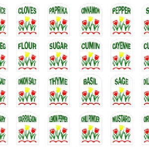 May include: Twenty-four white spice jar labels with green borders and red, yellow, and green tulip illustrations. The labels are printed with the names of various spices, including allspice, cloves, paprika, cinnamon, pepper, salt, nutmeg, flour, sugar, cumin, cayenne, curry, garlic salt, onion salt, thyme, basil, sage, dill weed, rosemary, tarragon, lemon pepper, chili powder, mustard, and oregano.