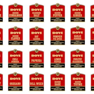 May include: Twenty-four red and gold spice jar labels with the word "Dove" and the name of a spice printed on each label.