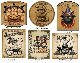 May include: A collection of Halloween-themed signs featuring cats in witch hats. Designs include cats with pumpkins, cauldrons, and brooms. Sizes vary from 3" x 4" to 3.5" x 3.5". Text includes "Tonight We Fly", "Trick or Treat", and "Old Salem Broom Co."
