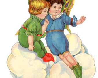 Vintage Image Fairy Children On Clouds Digital Download — Printable Ephemera