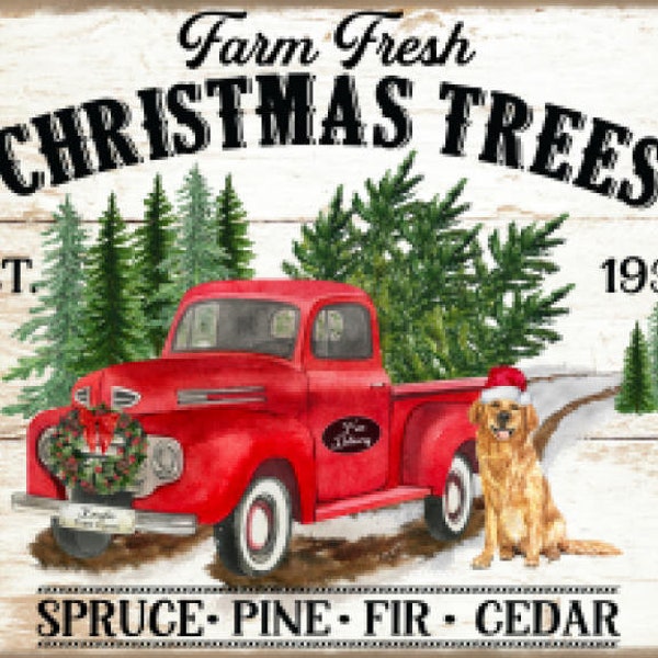 Vintage Image Wood Background Christmas Trees, Old Rustic Red Truck, Dogs, Retrievers, Farmhouse Decor, Art Sign and Print, Digital Download