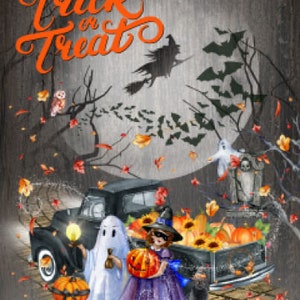 Vintage Grunge Background Spooky Halloween, Witch, Treaters, Grave, Black Truck Trick or Treat, Mixed Media Graphic Design Digital Download
